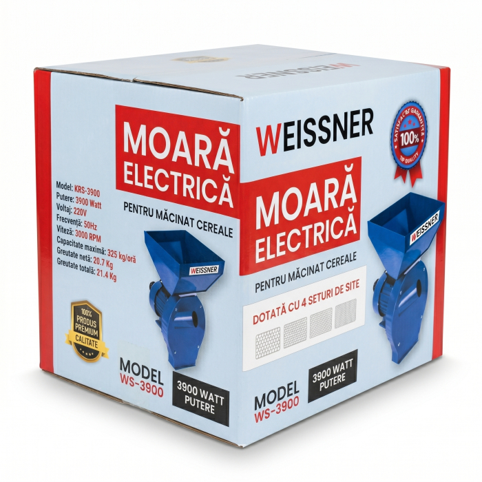 Moara electrica Weissner, 3.9 kw 3000 rpm motor 100% cupru, 300 kg/ora, cuva mare, 20 de ciocanele pentru cereale si stiuleti [2]