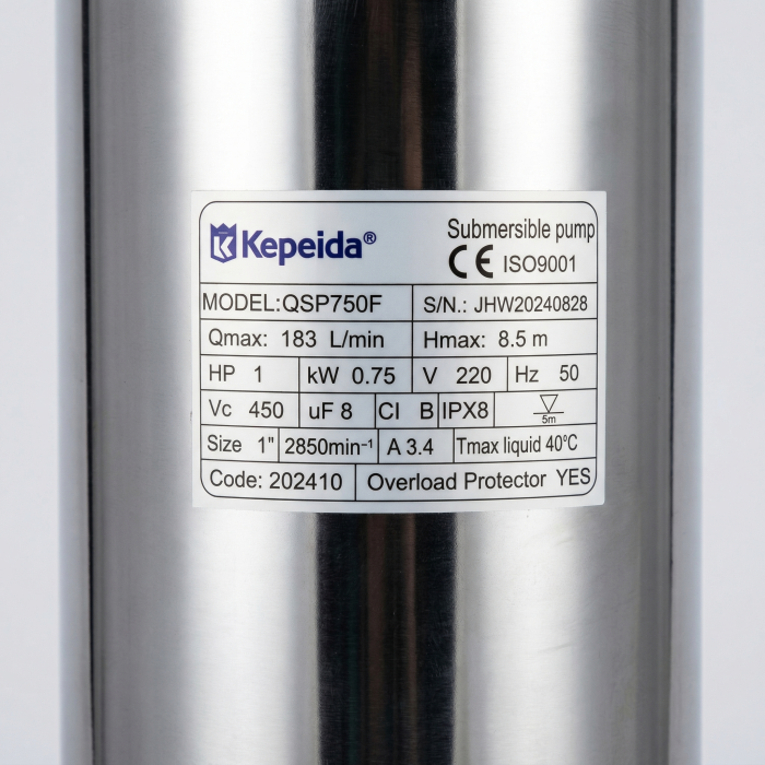 Pompa submersibila apa curata KEPEIDA QSP750F, 0.75 kW, debit max 185 Litri/minut, inaltime maxima 10 metri, bobinaj 100% cupru, otel inoxidabil, tehnologie si design italian [3]