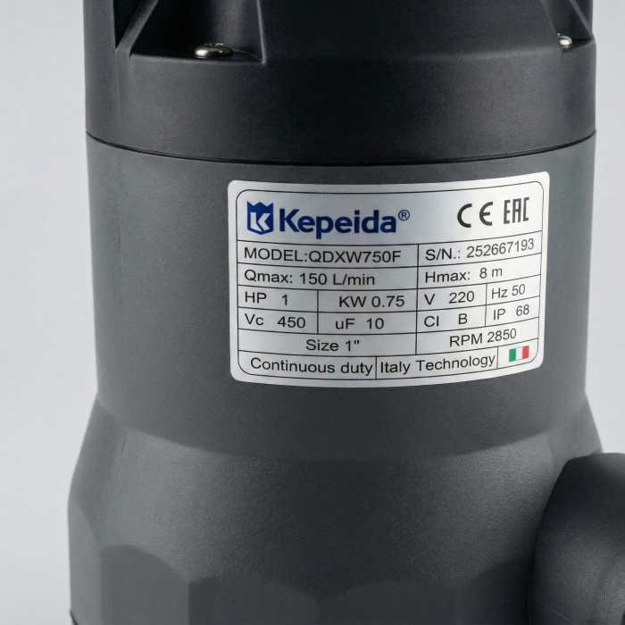 Pompa submersibila apa murdara KEPEIDA QDXW750F, 0.75 kW, debit max 150 L/min, inaltime maxima refulare 8 metri, bobinaj 100% cupru, tehnologie si design italian [3]