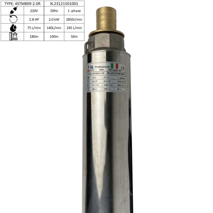 Pompa submersibila Zinith Italy 4STM611, 2 KW, 80 L/min 150m, bobinaj cupru, cablu alimentare 20m [3]