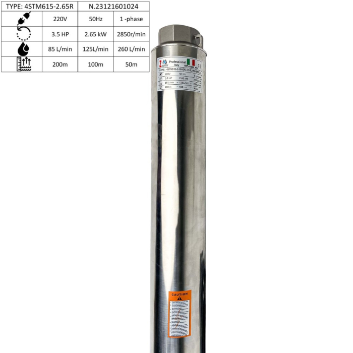 Pompa submersibila Zinith Italy 4STM615, 2.65 KW, 85 L/min 200m, bobinaj cupru, cablu alimentare 20m [3]