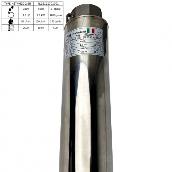 Pompa submersibila Zinith Italy 4STM620, 2.9 KW, 270 L/min, 250m, bobinaj cupru, cablu alimentare 20m [4]