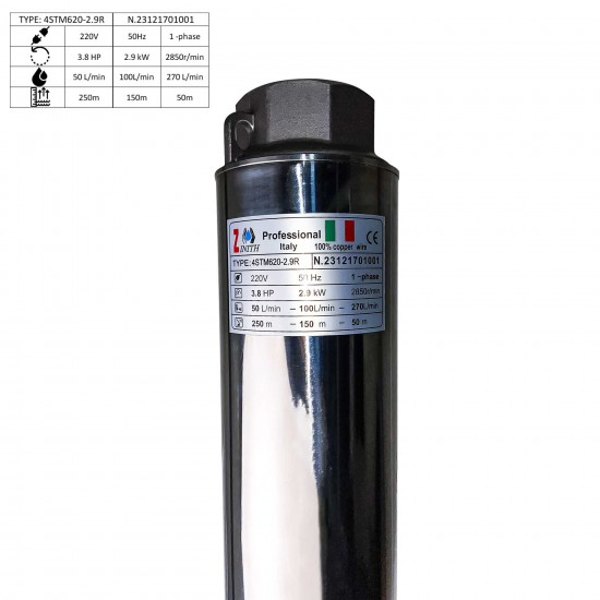 Pompa submersibila Zinith Italy 4STM620, 2.9 KW, 270 L/min, 250m, bobinaj cupru, cablu alimentare 20m [2]