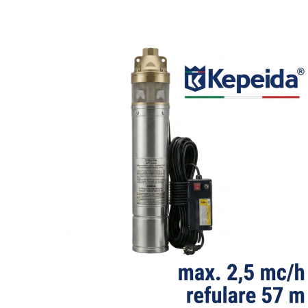 POMPE - Pompa submersibila pentru put KEPEIDA 4SKM100, 0.75 kW, otel inoxidabil, debit maxim 2.5 mc/ora, inalțime maxima de refulare 57 metri, bobinaj 100% cupru, tehnologie si design italian