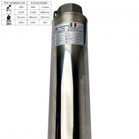 Pompa submersibila Zinith Italy 4STM620, 2.9 KW, 270 L/min, 250m, bobinaj cupru, cablu alimentare 20m [3]