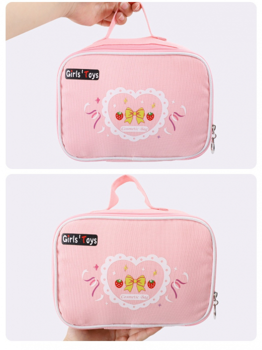 Set de înfrumusețare pentru copii, 11 piese din lemn + MDF, cu gentuță roz, jucărie educativă/joc de rol 3+ [6]