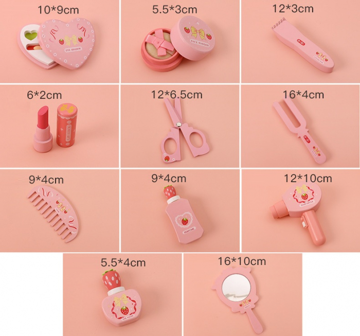 Set de înfrumusețare pentru copii, 11 piese din lemn + MDF, cu gentuță roz, jucărie educativă/joc de rol 3+ [7]