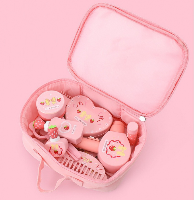 Set de înfrumusețare pentru copii, 11 piese din lemn + MDF, cu gentuță roz, jucărie educativă/joc de rol 3+ [4]