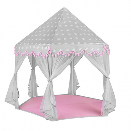 Cort de joacă pentru copii, model castel roz-gri, 123x123x140cm, cu perdele și ciucuri decorativi, 3+ ani [4]