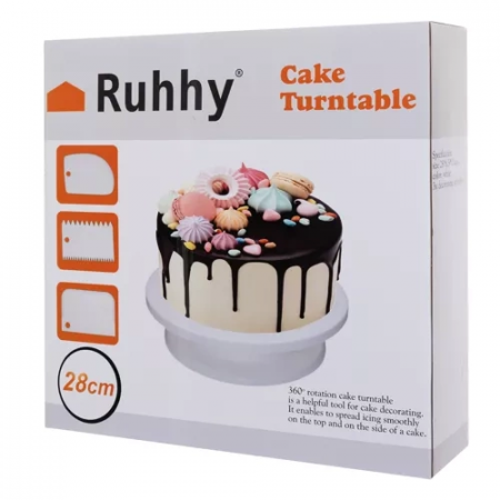 Platou rotativ pentru tort + 3 spatule decorative – suport cu picior detașabil, 28 cm, alb [9]