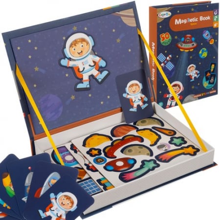 Jucarii si jocuri - Puzzle magnetic educativ tip carte – tematică spațiu, 50 piese + 6 carduri model, jucărie creativă pentru copii