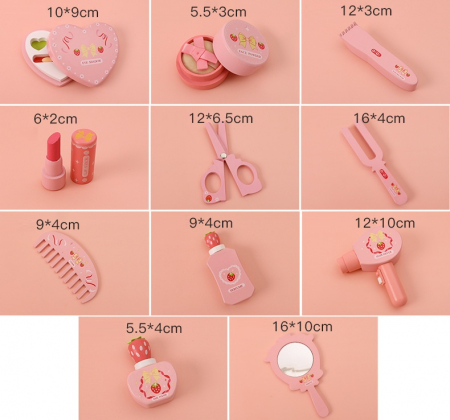 Set de înfrumusețare pentru copii, 11 piese din lemn + MDF, cu gentuță roz, jucărie educativă/joc de rol 3+ [6]