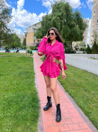 Compleuri - Compleu Tessa șiclam – cămașă cu mâneci detașabile și fustă-pantalon