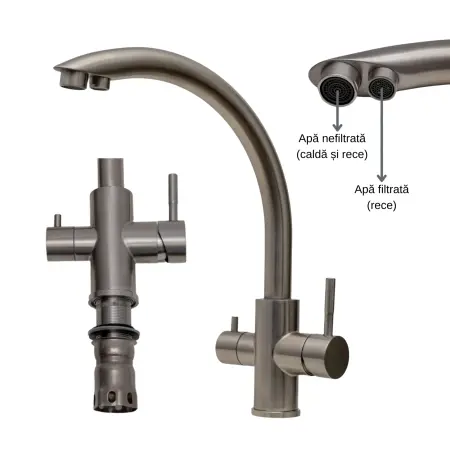 Baterie / robinet 3 căi, ProLine Curve inox 304, flux separat apă filtrată și apă menajeră (rece și caldă) [1]