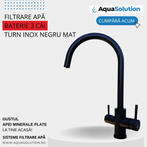 Baterie / robinet 3 căi, ProLine Turn inox 304 negru mat, flux separat apă filtrată și apă menajeră (rece și caldă)