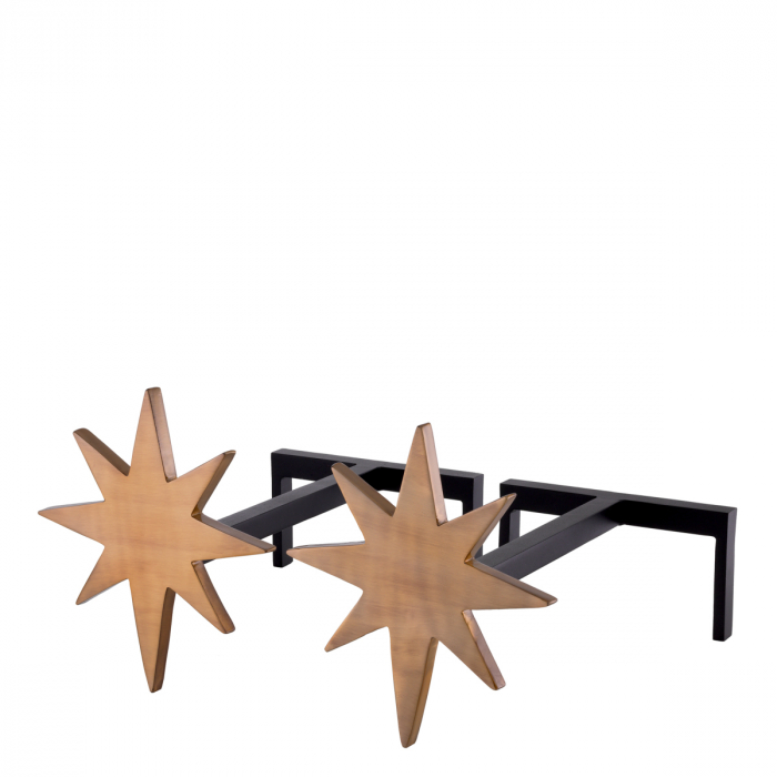 Accesorii semineu, Andiron (Suport lemne) Star, set de 2, finisaj din alamă cu aspect vintage, Dims: W. 24 | D. 41.5 | H. 27 (CM) [2]