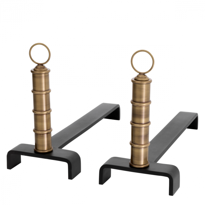 Accesorii semineu, Andiron (Suport lemne) Vauxbons set de 2, finisaj din alamă cu aspect vintage, Dims: W. 17 | D. 45 | H. 30 (CM) [2]