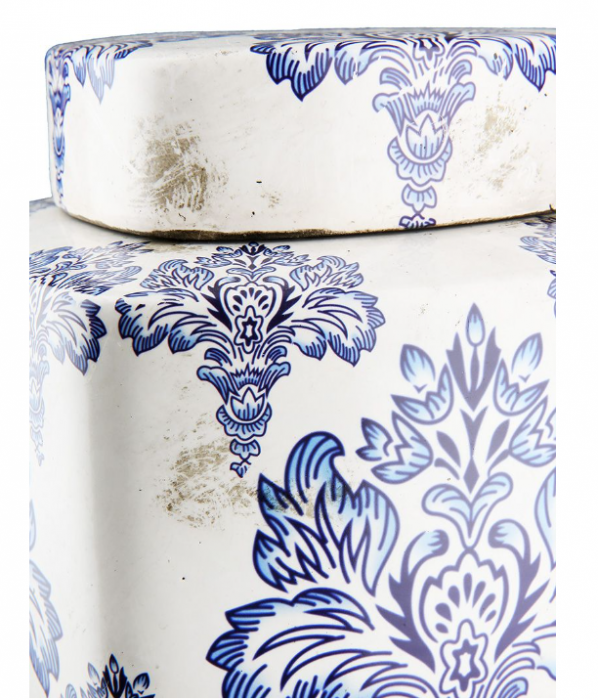 Bol cu capac FAIENCE, ceramica, pictata manual, albastru floral, 15,5x17 cm [2]