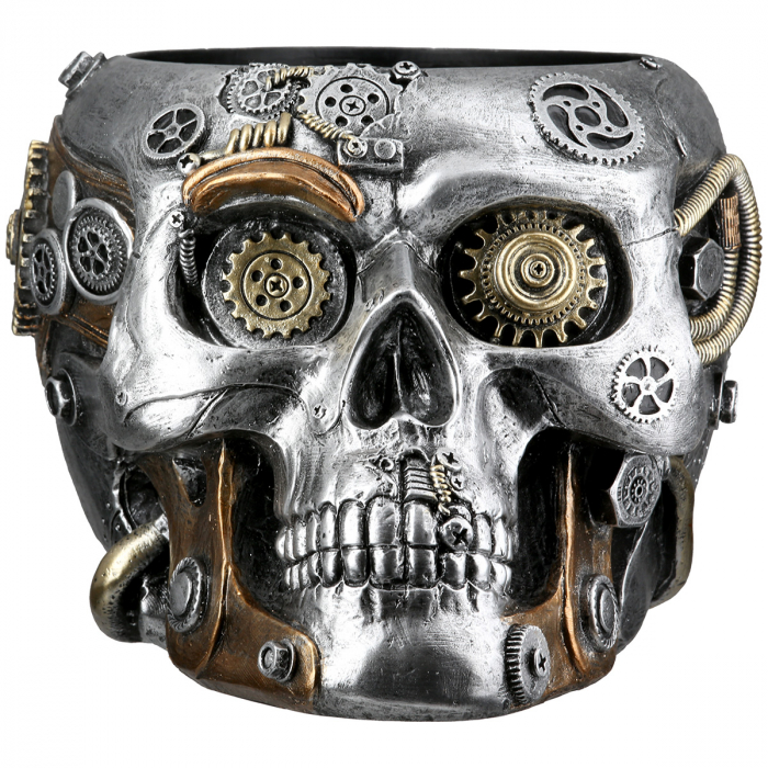 Cachepot, Skull, Steampunk skull planter, Motiv Gear, Polyresin, argintiu, PU 1, L. 23 cm, L. 17,5 cm, H. 14 cm [3]