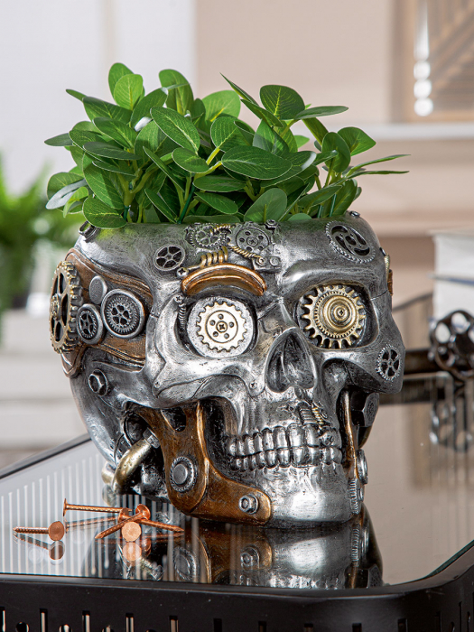 Cachepot, Skull, Steampunk skull planter, Motiv Gear, Polyresin, argintiu, PU 1, L. 23 cm, L. 17,5 cm, H. 14 cm [5]