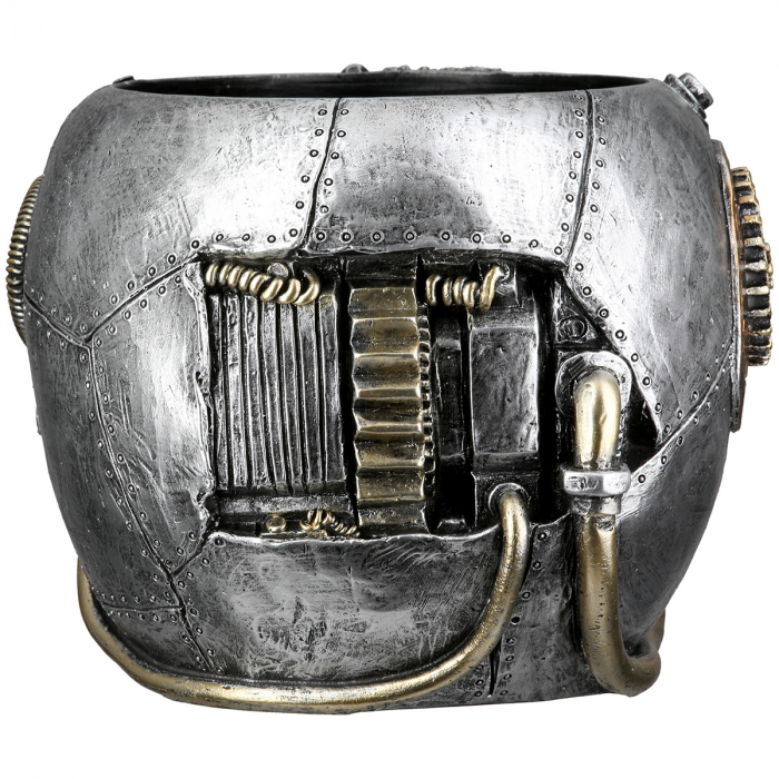 Cachepot, Skull, Steampunk skull planter, Motiv Gear, Polyresin, argintiu, PU 1, L. 23 cm, L. 17,5 cm, H. 14 cm [4]