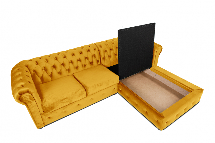 Canapea 2 locuri extensibila cu sezlong Chesterfield, galben, 245x85/175x70 cm [4]