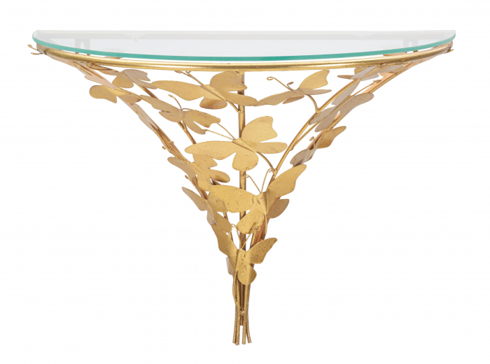 Consola/Noptiera suspendata Butterflies, Fier/Sticla, Auriu, 34.5x44.5x24.5 cm [2]