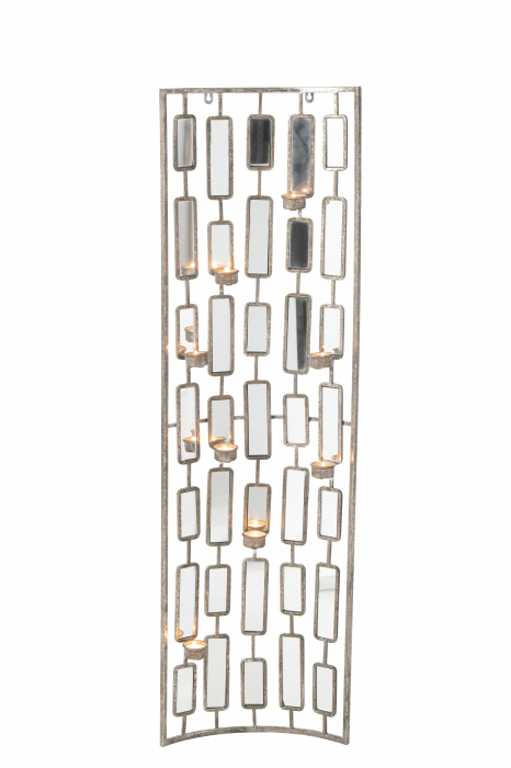 Decoratiune de perete cu oglinzi si suporturi lumanare, Metal, Gri, 35.5x10x122 cm [2]