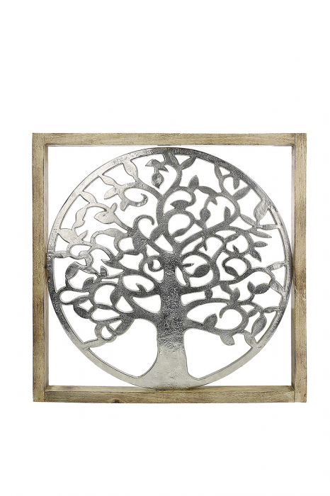 Decoratiune de perete Tree of Life, aluminiu/lemn, argintiu/maro, 60x60x3.5 cm [2]