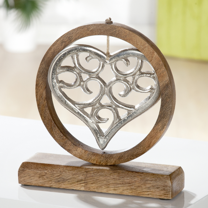Decoratiune Heart, aluminiu/lemn, argintiu/maro, 18x19x5 cm [2]