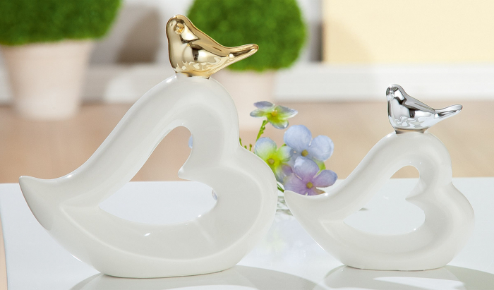 Decoratiune inima/pasare, ceramica, alb/argintiu, 10x9.5x3 cm [2]