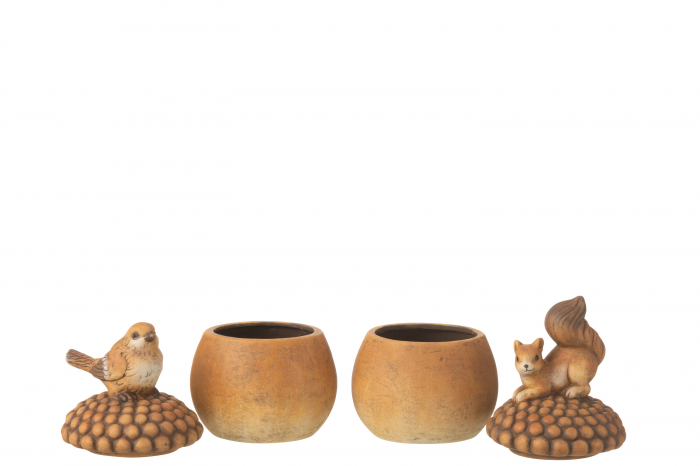 Decoratiune, Pasăre si veveriță pe ghindă, porțelan maro, sortiment mic de 2 [2]