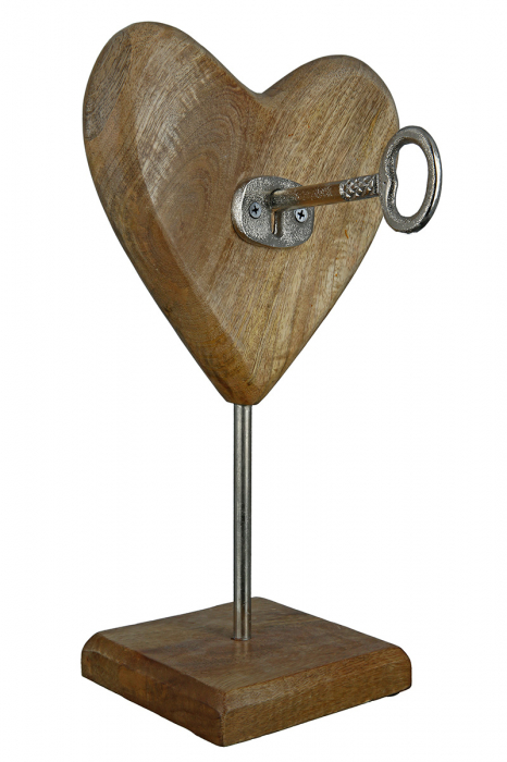 Decoratiune Wood Heart with Key, Lemn, Maro/Argintiu, 19x34x19 cm [2]