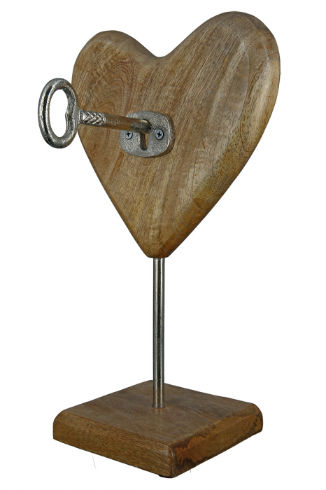 Decoratiune Wood Heart with Key, Lemn, Maro/Argintiu, 19x34x19 cm [3]