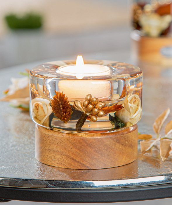 Dreamlight, Suport lumanare, Colum Smart pe bază de lemn, Elegance, Sticlă, Lemn, maro, PU 4, H. 6,5 cm, D. 8,5 cm [3]