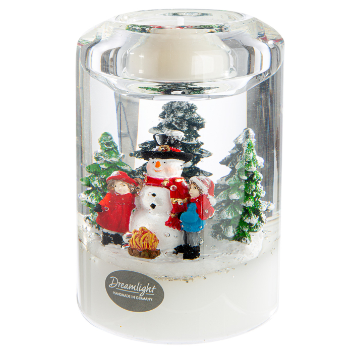 Dreamlight, Suport lumanare tip tealight, Candela Classic, „Omul de zapada din tara Minunilor”, Motiv om de zapada, Sticla, verde, alb, PU 4, L. 7 cm, l. 7 cm, H 10,5 cm [5]
