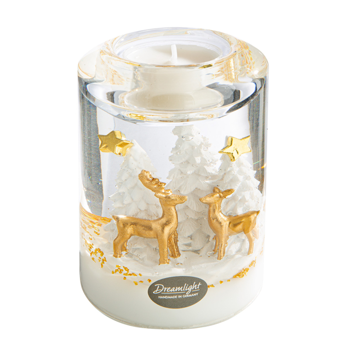 Dreamlight, Suport lumanare tip tealight, Candela Classic, „Wonderland Reindeer”, Motiv cu ren, Sticla, alb, auriu, PU 4, L. 7 cm, L. 7 cm, H 10,5 cm [2]