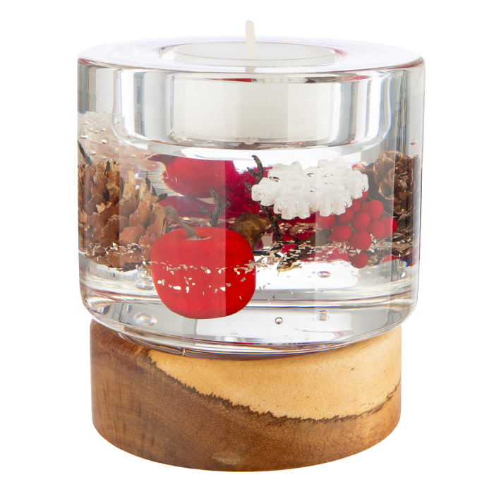 Dreamlight, Suport lumanare tip tealight, Colum Classic pe baza de lemn, „Winter Berries”, Lemn, maro, rosu, PU 4, H 9 cm, A. 8,5 cm [3]