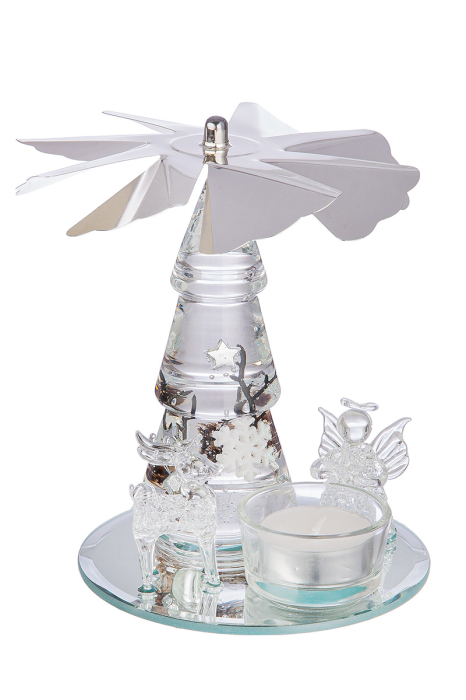Dreamlight, Suport lumanare tip tealight, Pyramid mini pe oglinda, „Winter Story”, Sticla, maro, transparent, alb, argintiu, PU 2, L. 12 cm, l. 17 cm, H 15 cm [2]