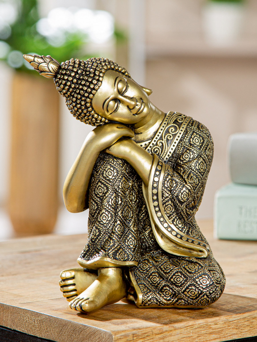 Figurină, Buddha, Buddha gânditor, Polirășină, aurie, PU 3, L. 10 cm, L. 10 cm, H. 16,5 cm [5]