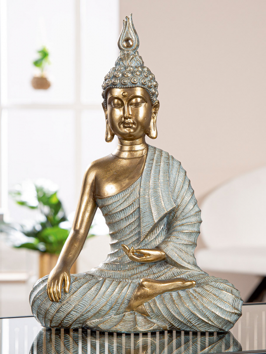 Figurină, Buddha, Iluminarea, Polirășină, auriu, gri, PU 2, L. 11,5 cm, L. 23 cm, H. 33 cm [4]