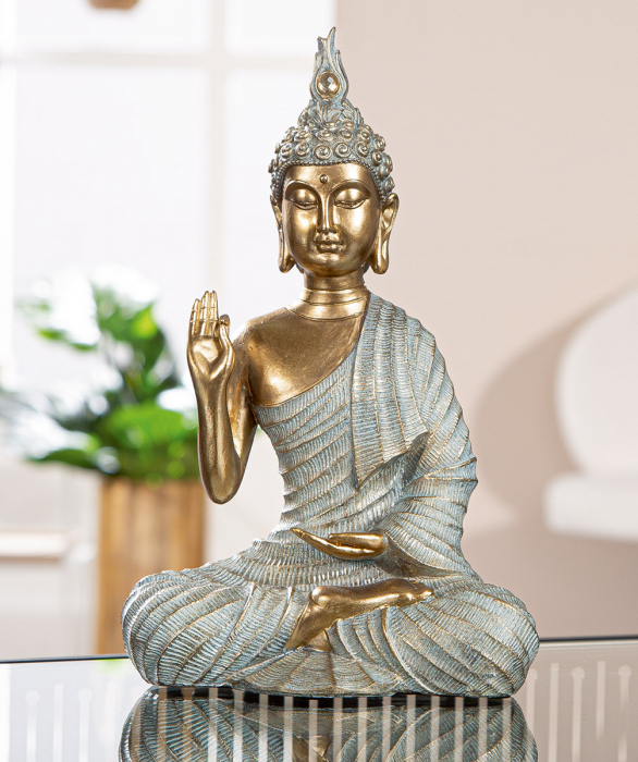 Figurină, Buddha, Iluminarea, Polirășină, auriu, gri, PU 4, L. 8 cm, L. 16 cm, H. 24,5 cm [4]