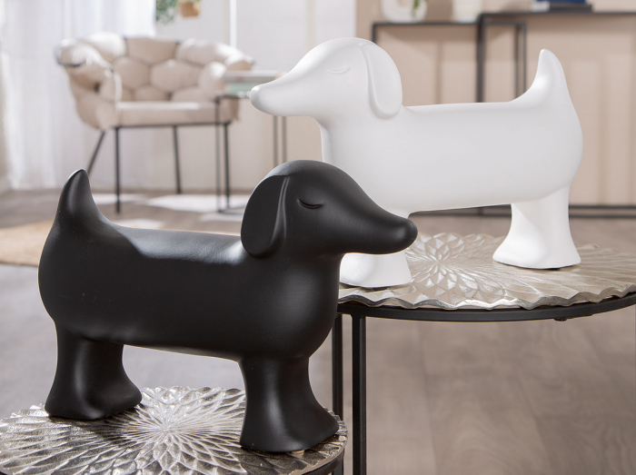 Figurină, Câine, Ceramica, negru, alb, PU 2, 2 buc. asortate, L. 11 cm, L. 35 cm, H. 23 cm [5]