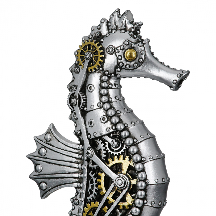 Figurină, Cal de mare, Steampunk, Motiv roată dințată, Polirășină, argintiu, PU 2, L. 8,5 cm, L. 12 cm, H. 31,5 cm [4]
