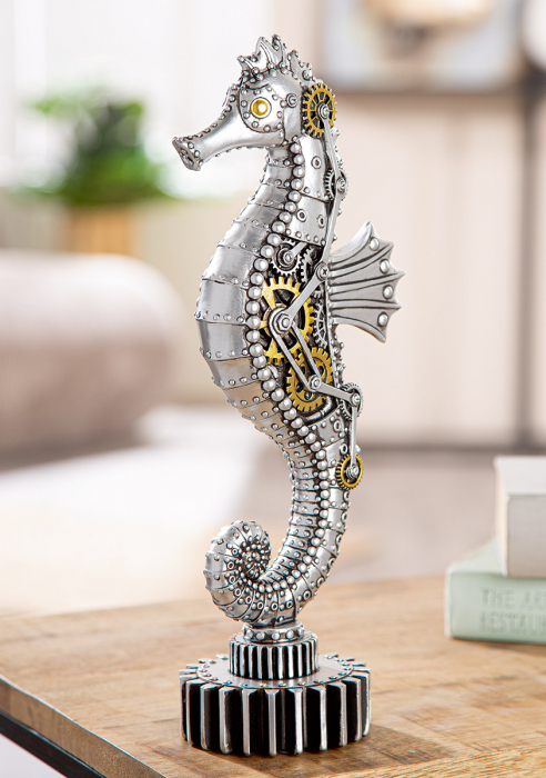 Figurină, Cal de mare, Steampunk, Motiv roată dințată, Polirășină, argintiu, PU 2, L. 8,5 cm, L. 12 cm, H. 31,5 cm [5]