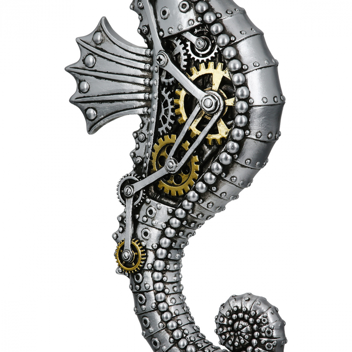 Figurină, Cal de mare, Steampunk, Motiv roată dințată, Polirășină, argintiu, PU 2, L. 8,5 cm, L. 12 cm, H. 31,5 cm [3]