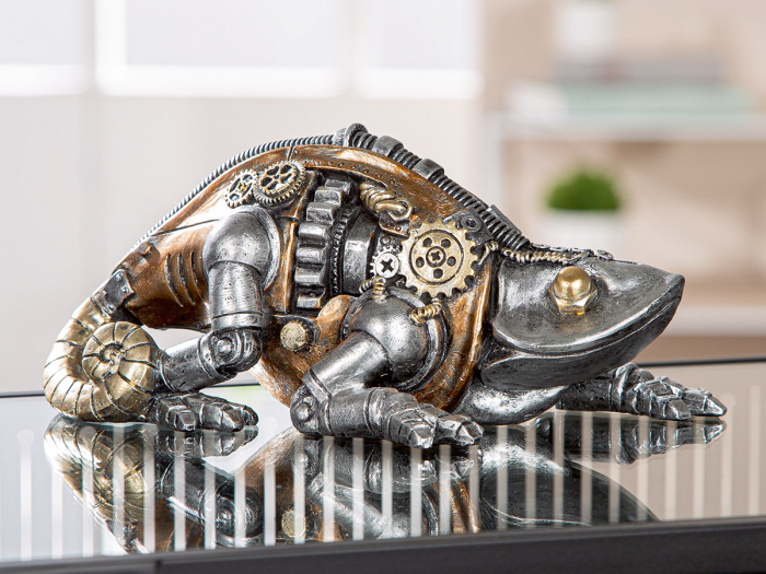 Figurină, Cameleon, Steampunk Cameleon, Motiv roată, Polirășină, argintiu, PU 2, L. 12,5 cm, L. 22 cm, H. 9,5 cm [5]