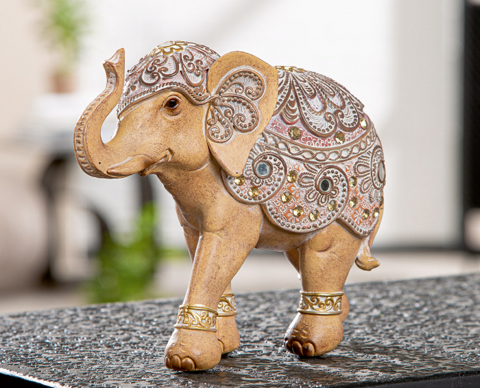Figurină, Elefant, Motiv oglindă, oriental, Rășină sintetică, maro, PU 2, L. 7 cm, L. 19 cm, H 15 cm [5]