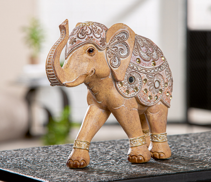 Figurină, Elefant, Motiv oglindă, oriental, Rășină sintetică, maro, PU 2, L. 9 cm, L. 23 cm, H 19 cm [5]