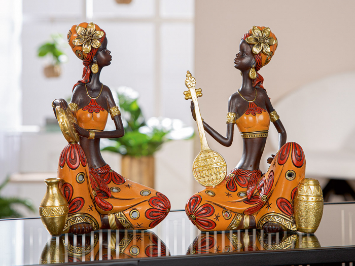 Figurină, Femeie, African Beat, Motiv Muzician, Polirășină, maro, PU 2, 2 buc. asortate, L. 10 cm, L. 15 cm, H. 22 cm [4]